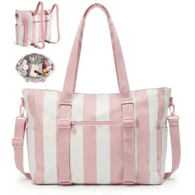 Multi Pocket Striped Beach Tote Bag High Appearance Large Capacity Portable Crossbody Backpack for Travel Swimming Vacation
