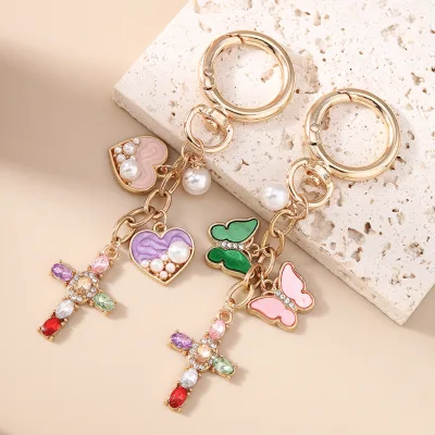 New Exquisite Alloy Pendant Keychain, Multicolored Zircon Enamel Pearl Heart-shaped butterfly Cross, Christian Jewelry Gift