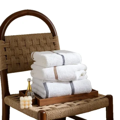 100% Ring Spun Cotton Double Stripe Ribbed Hotel Towel Set, Luxury Absorbent Neutral Stripe Spa Bath Hand Face Towel Bundle