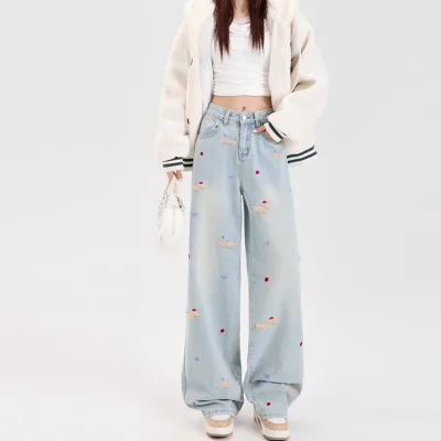 Custom Embroidery Patches Jeans Manufacturer Wholesale Light Blue Denim Pants Ladies Jeans for Women