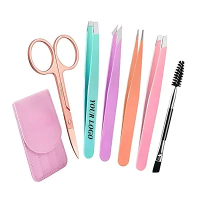 Eyebrow Tweezers with Curved Scissor 6 PCS Tweezers Set for Women Hair Plucking Daily Beauty Tools with Leather Travel Case