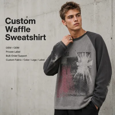 OEM Sweatshirt Manufacturer Grey Contrast Waffle Knit Heavyweight Cotton Raglan Sleeve Graphic Print Sweatshirt for Men