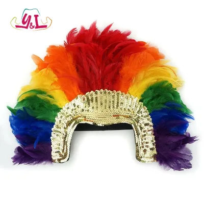 Sequins Costume Accessory Showgirl Headpiece Gold New Rainbow Coque Feather Headdress