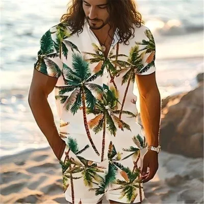 Men's Caribbean Cruise Outfit Custom Logo Cuban Collar Shirt and Shorts Set Tropical Palm Print Vacation Wear Private Label OEM