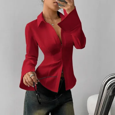 2026 Women's Vintage Solid Skinny Fit Long Sleeve Button Business Shirt