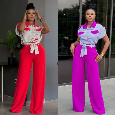 New Fashionable Polo Neck Short Sleeved Shirt Tie up Wide Leg Long Pants Casual Set