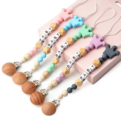 New Arrival Custom Wooden Pacifier Clip DIY Dummy Cute Letter Silicone Pacifier Chain Clip