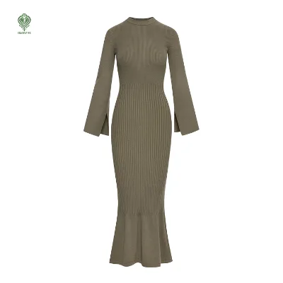 Wholesale Custom logo Oem & Odm Flare Sleeves Crew Neck Abaya Ruffle Trim Viscose Ribbed Knit Modest Women's Sweater Dress
