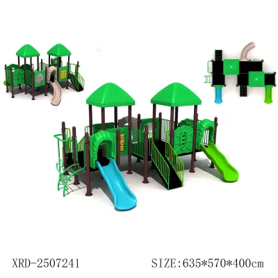 Large Outdoor Children's Playground Equipment Double Tower Green Roofs Spiral Slide Straight Slides Commercial Kindergarten Play
