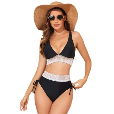 2025 New High-Waist Bikini Hot-Selling Full Network Two-Piece Swimwear with Ribbon in Stock for Wholesale Swimwear Bikini Women