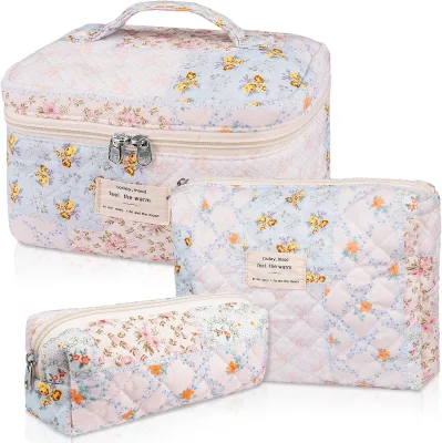 Large Floral Cosmetic Bag for Women, Cute Cotton Makeup Bags, Flower Travel Toiletry Organizer Bag (Folk Style)