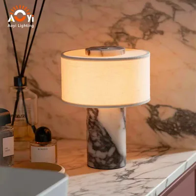 Luxury Bvlgari Marble Table Lamp Fabric Drum Shade Desk Light for Bedroom Living Room