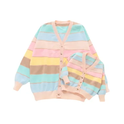 Parent-child Clothing Spring Children's Knitwear Jacket rainbow Mom Sweater Long-sleeved Kids Clothes Pullover