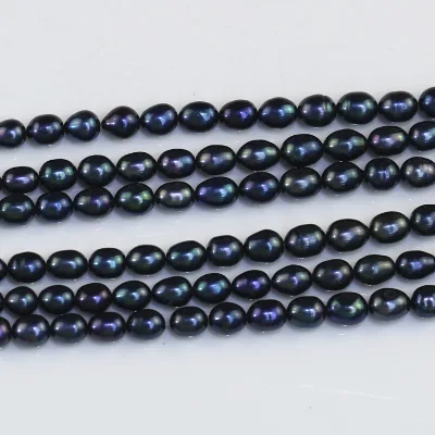7-8mm AA- Dyed Peacock Rice Oval Wholesale Loose Fresh Water Pearls Strings Freshwater Cultured Pear String Black
