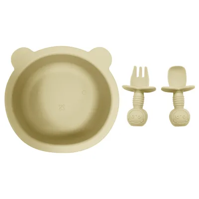 Cartoon Shape Bear Eco Friendly Silicone Bowls with Strong Suction Cup Food Grade Baby Feeding Bowl With Spoon Fork Wholesale