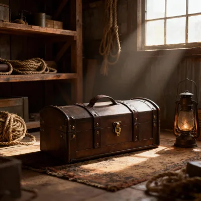 Vintage wooden chest for storing shells and as a beach theme decor piece wooden treasure chest