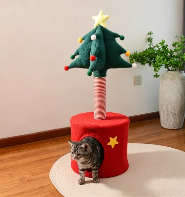 Christmas Tree Cat Tower Small Wooden Condo Integrated Scratching Post Indoor Pet Furniture Activity Center House Play Set