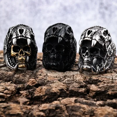 Custom Gothic Stainless Steel Antique Silver Animal Human Skull Ring Overbearing Big Heavy Jump Bicycle Band Gift