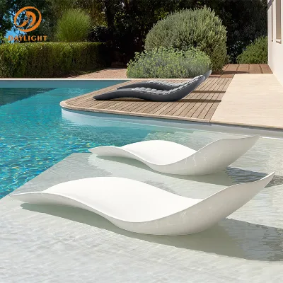 Modern Waterproof In-Pool Lounge Chair, Seamless White Resin Wave Sun Lounger with No-Leg Sculptural Swimming Pool Shallow Water