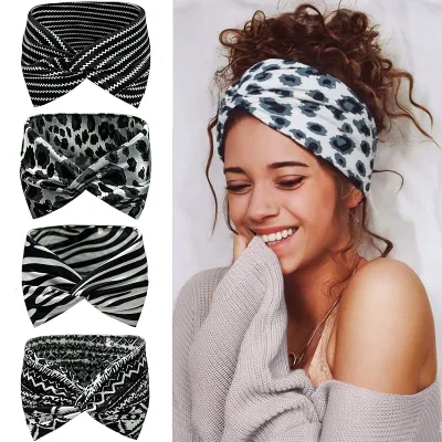 Hot Selling 2026 Leopard Print Cross Wide Headband Stretch Sweat Wicking Yoga Sports Hair Band Women Fashion Hair Accessories