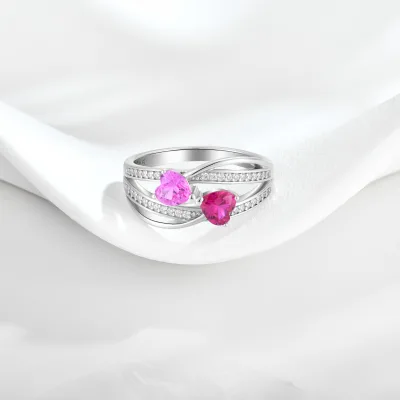 925 Sterling Silver Twisted Band Double Heart Pink Ring Rhodium Plated Two Heart Promise Ring Women Love Statement Fine Jewelry