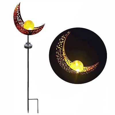 Garden Lawn Waterproof Warm White Antique Solar Powered Moon Stake Light with Hollow-Carved Metal Moon and Decorative Stakes