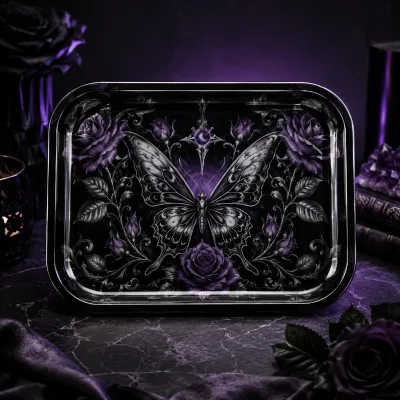Gothic Purple Rose Butterfly Moon Dark Art Custom Wholesale Metal Herb Smoking Rolling Tray