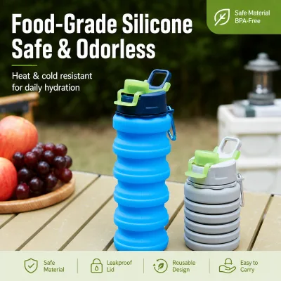 YMS Modern Foldable Silicone Sports Water Bottle BPA Free Collapsible Unbreakable Leak Proof Reusable Outdoor Use