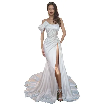 Stylish White Ball Gown Elegant Mermaid Silhouette Lace Floor Length High Split Parties Weddings