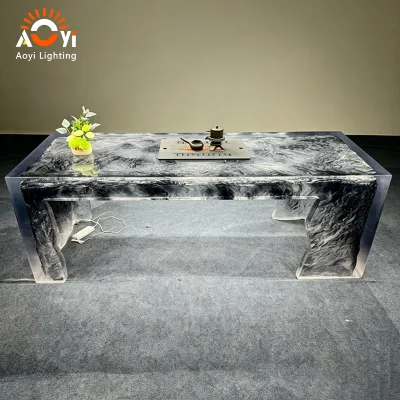 Ink Cloud Texture Transparent Resin Illuminated Tea Bar Table Built-in LED Light Solid Cast Epoxy Counter for Tea Club Hotel
