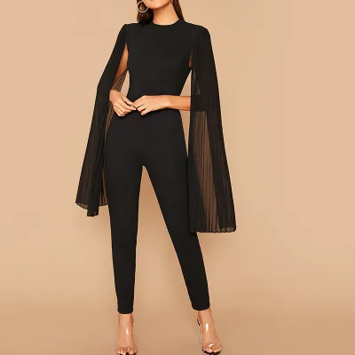 2022 Best Selling  Fashion  Pleated Cape  Solid Color Jumpsuits