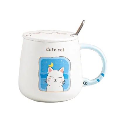 Cute Cat Design Cartoon Style Ceramic Milk Coffee Cups with Lid and Spoon