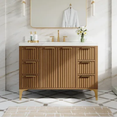 Single Sink Freestanding Fluted Bathroom Vanity Multi Drawer Double Door Storage Seamless Undermount Sink Modern Gold Metal Legs