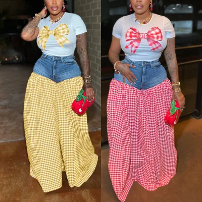 Chic Design Summer Two Pieces Pants Set With Crop Top T Shirt and Denim Patchwork Wide Leg Pants Women Plaid Pants