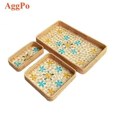 Large Rattan Serving Tray, Rectangle Tabletop Breakfast Drinks Snack Fruit Storage Platter Tray for Dining, Coffee, Home Decor