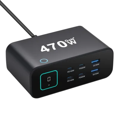 470W GaN TFT Screen Digital Display Desktop Charger with USB-C Port Fast Charging 140W Smart Charger