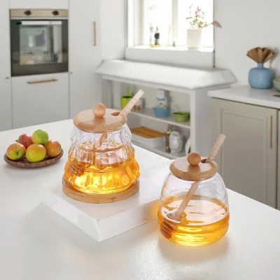 Household clear Glass Dried Fruit Storage tank High Borosilicate Glass Threaded Honey tank with Stirring Stick and Wooden Holder