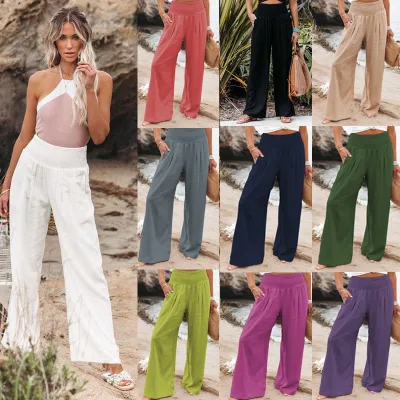 New Spring and Autumn Women's Cotton and Hemp Solid Color Elastic Waist Wide Leg Pants Casual Pants Women's Pants