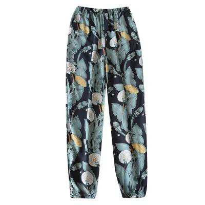 Women's Viscose Pajamas Pants Women's Summer Home PANTS LEGGINGS Lazy Thin Jogger Pants Flower Printing Art Wear