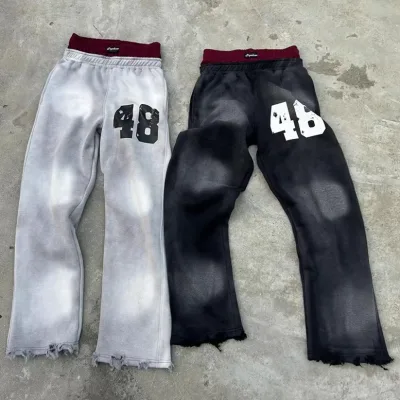 High Quality Custom Distressed Stacked Printed Acid-Washed Jogger Pants Bell Bottoms Men's Loose Double Waist Sweatpants