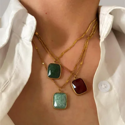 Boho Natural Gemstone Pendant Necklace 18K Gold Stainless Steel Chain Turquoise Green Red Stone Minimalist Women Fashion Jewelry