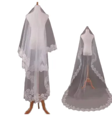 New 1 Layer Women Bridal White Wedding Veil Ultra Long Wedding Tulle Veil Wide Embroidered Hexagonal Floral Applique Edge Solid