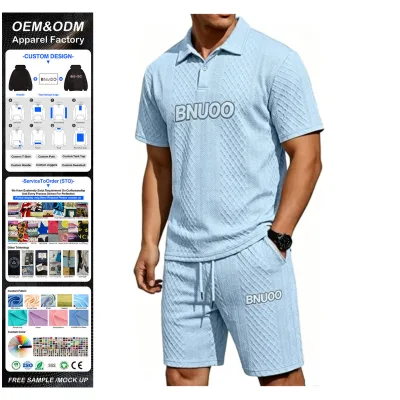 Men Two Piece Set High Quality Jacquard Textured Tracksuit Summer Loose Fit Athletic Short Sleeve and Shorts Polo Sets for Men