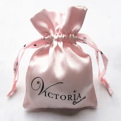 Custom Screen Print Logo Lovely Pink Silk Drawstring Gift Bag Small Pouch Bag Wedding Gift Bag 1