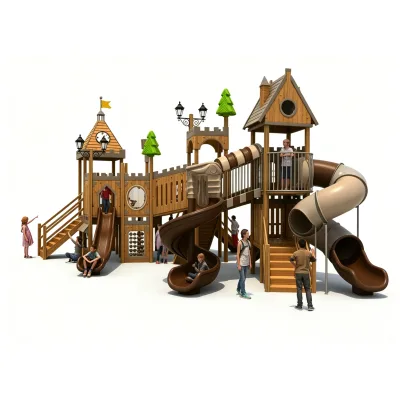 Large Wooden Combined Slide, Integrated Climbing Slide Set for School and Scenic Resort Use