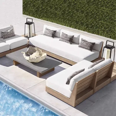 Solid Wood Sofa and Coffee Set Hotel Poolside Sofa Bed Terrace Sun Deck Garden Aluminum Frame Coating Foldable