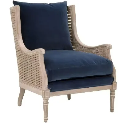 High Quality Antique Wooden Rattan Leisure Sofa Chair with Wing Back Design Linen Cover for Home Living Room Furniture