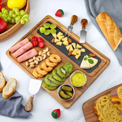 Wooden Slate Serving Board Charcuterie Boards with 2 Bowls, Acacia Wood Cutting Board Cheese Board Serving Plate Tray Platter