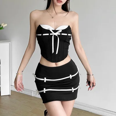 ZHEZHE Sweet Contrast Color Dress Sets Women Slim Patchwork Bandage 2 Piece Set Sleeveless Tube Tops Mid-Waist Mini Skirts Sets