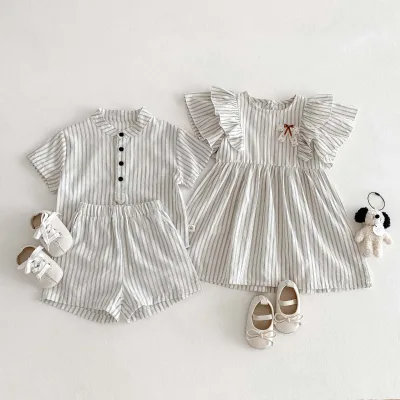 Siblings Summer Girls Bow Dress Thin Striped Boys Short Sleeve Suit Cotton Fashion Kids Clothes